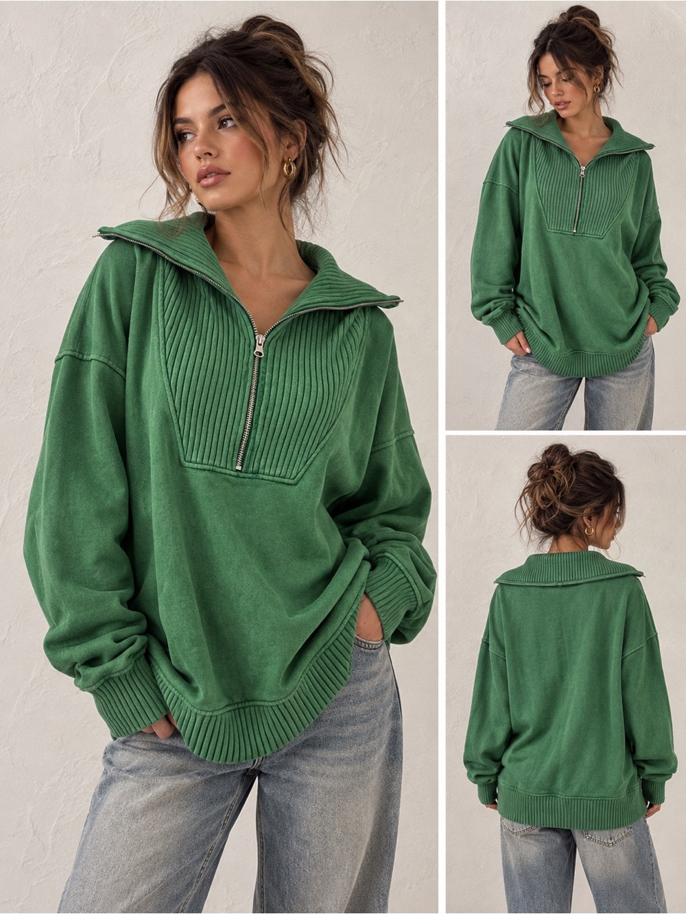Aerie Oversized Green Quarter Zip Sweater Pullover Ribbed Collar Casual Cozy M